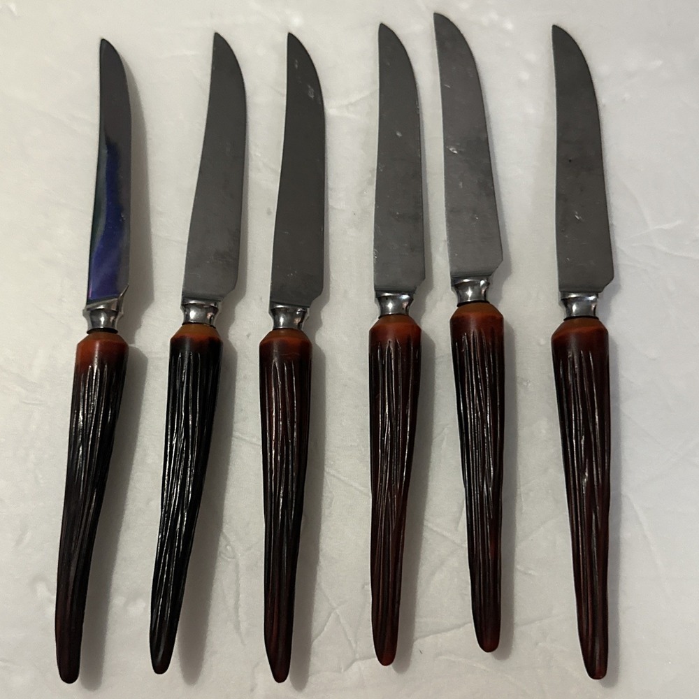 6 VTG Mid Century Sheffield England Stainless Steak Knive Faux Stag Horn Handles